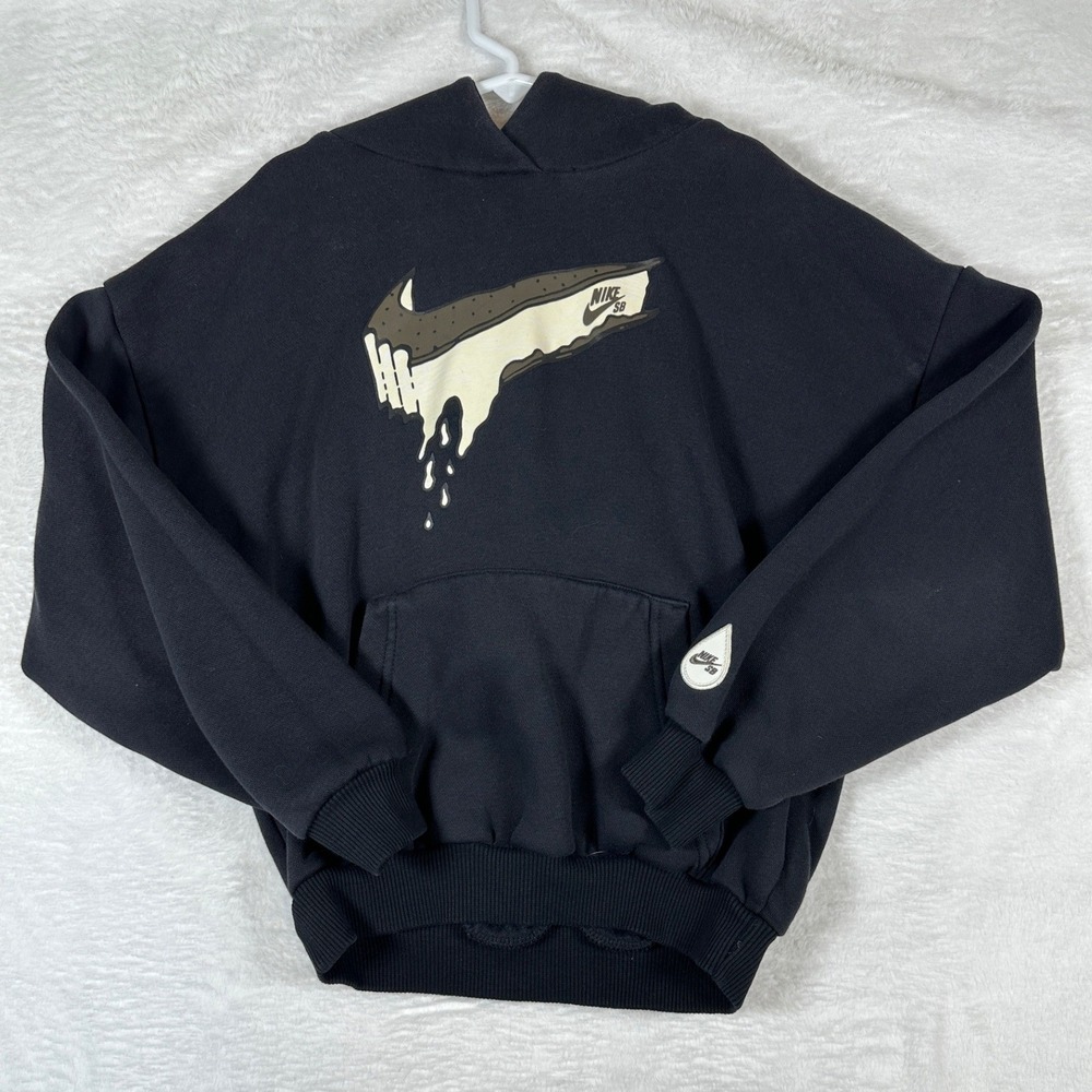 Nike SB Hoodie Kids Small Black Melting Ice Cream Swoosh Graphic Fleece